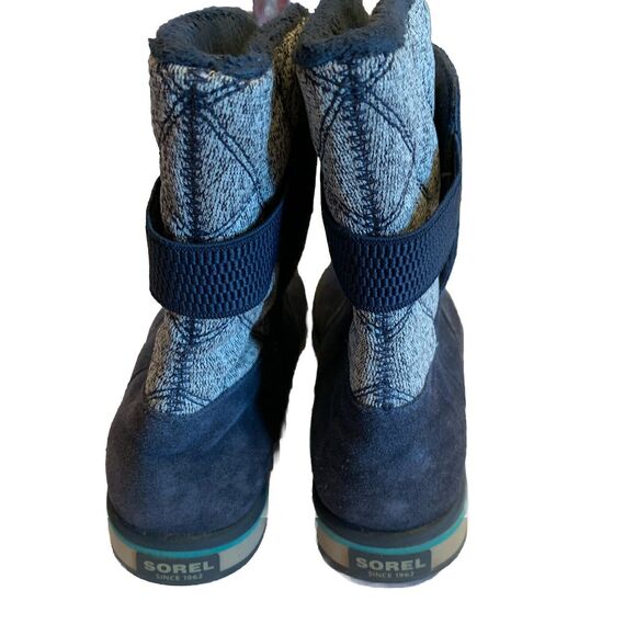 SOREL Womens 8/Youth 6 Navy Suede Leather Gray Knit Waterproof Winter Boots Warm - Picture 4 of 9